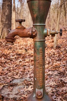 Vintage water pump amidst autumn leaves in Lindenwood Preserve, Indiana, symbolizing rustic charm and bygone era