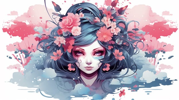 Beautiful girl with pink flowers in her hair. Hand drawn illustration. Generate Ai