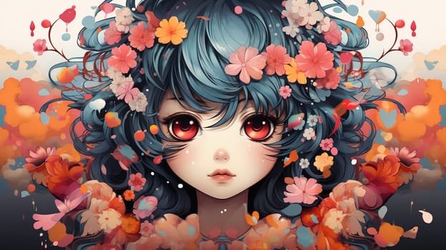 Beautiful girl with pink flowers in her hair. Hand drawn illustration. Generate Ai