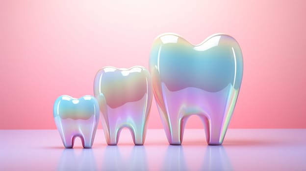 3d render of a group of teeth with smiley faces on pink background , Generate AI