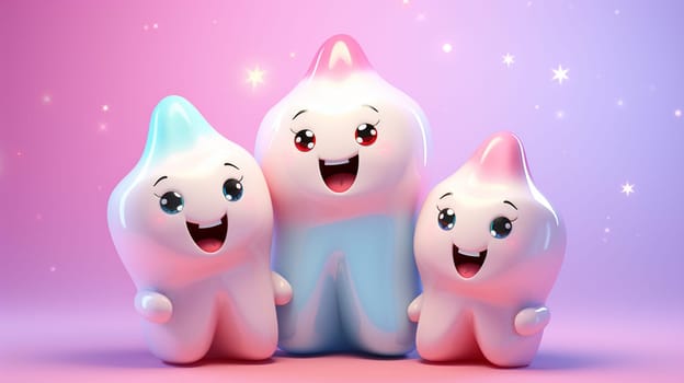 3d render of a group of teeth with smiley faces on pink background , Generate AI