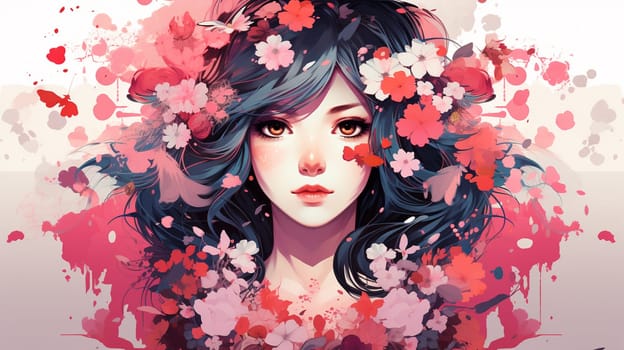 Beautiful girl with pink flowers in her hair. Hand drawn illustration. Generate Ai