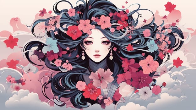 Beautiful girl with pink flowers in her hair. Hand drawn illustration. Generate Ai