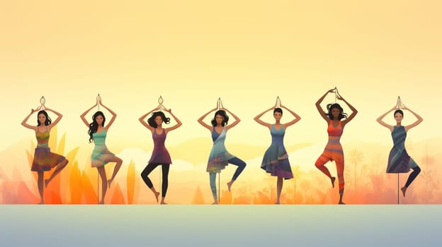 Vector illustration of three beautiful women meditating in a lotus pose, Generate AI