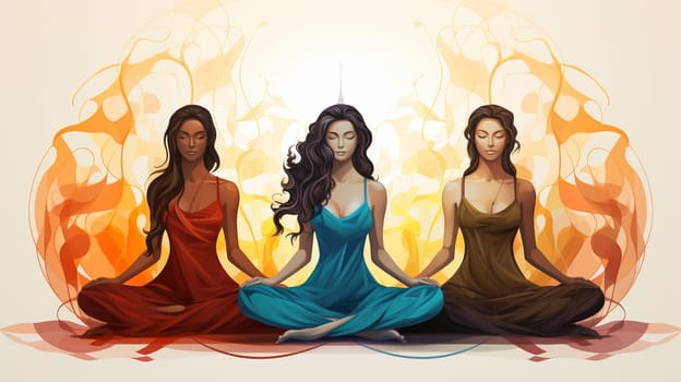 Vector illustration of three beautiful women meditating in a lotus pose, Generate AI
