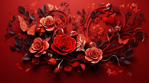 Floral background with red roses, butterflies and leaves. Vector illustration. Generate Ai