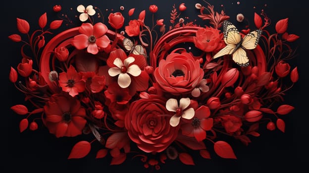 Floral background with red roses, butterflies and leaves. Vector illustration. Generate Ai