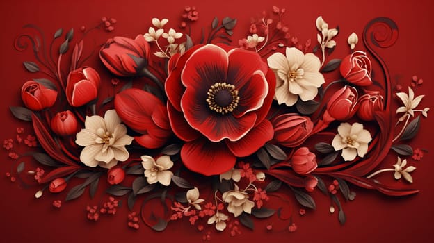 Floral background with red roses, butterflies and leaves. Vector illustration. Generate Ai