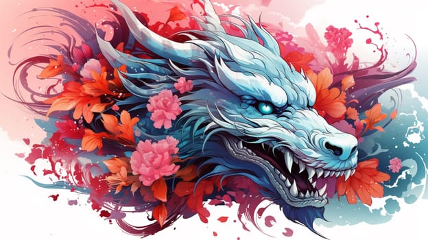 Illustration of a dragon head with colorful floral background, vector illustration , Generate AI