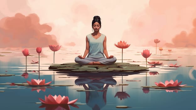 Woman meditating in lotus flower garden with lotus flower background , Generate AI