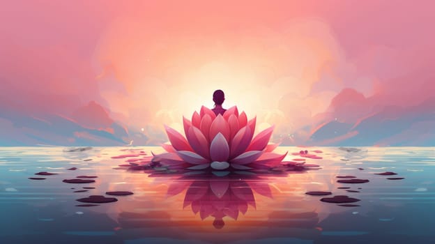 Woman meditating in lotus flower garden with lotus flower background , Generate AI
