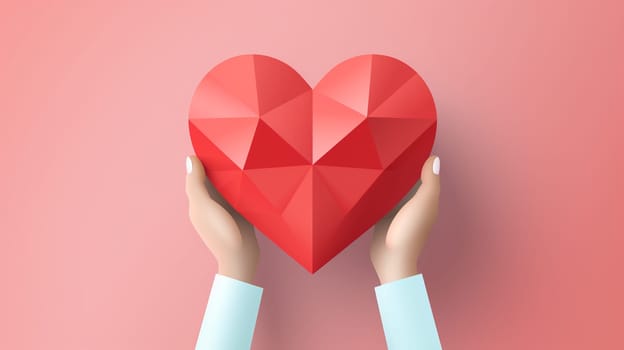 Hands holding a red paper heart on a pink background. Vector illustration. Generate Ai