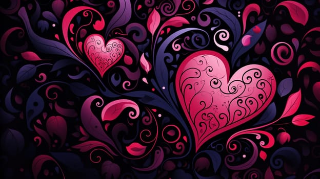 Romantic background with hearts and swirls. Hand drawn vector illustration. Generate Ai