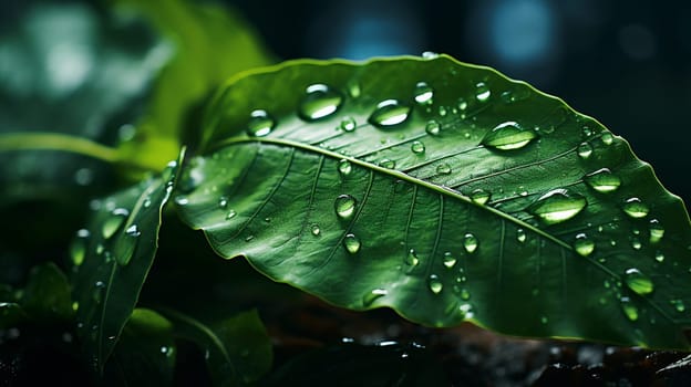 Green leaf with water drops close-up. Nature background for design , generate AI