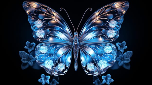 Beautiful butterfly with blue flowers. 3d rendering. Computer digital drawing. Generate Ai