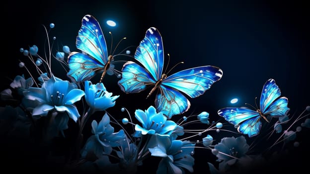 Beautiful butterfly with blue flowers. 3d rendering. Computer digital drawing. Generate Ai