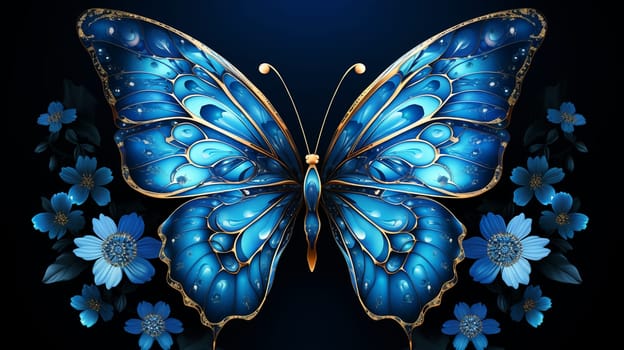 Beautiful butterfly with blue flowers. 3d rendering. Computer digital drawing. Generate Ai