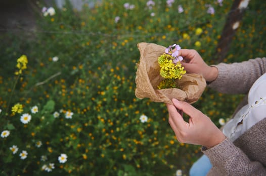 Cropped view of a woman herbalist pharmacist botanist collecting and preparing a medicinal plant for healing herbal tea. Alternative holistic medicine. Aromatherapy Naturopathy Homeopathy Phytotherapy