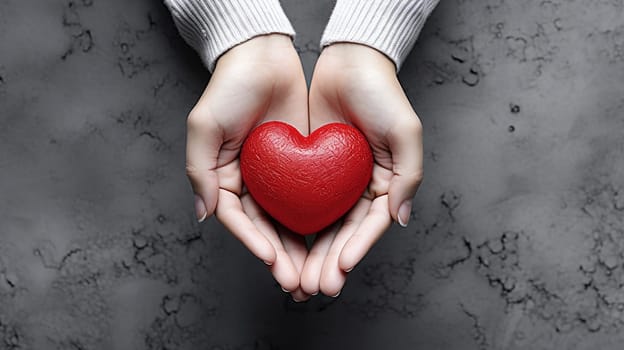 Female hands holding red heart on grey background, top view, copy space , Generate AI