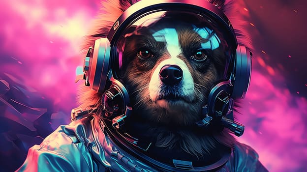 Spitz dog in astronaut helmet on blue background. 3d rendering, generate AI