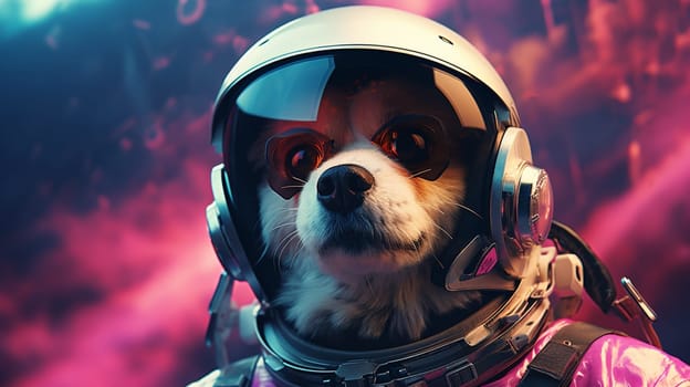 Spitz dog in astronaut helmet on blue background. 3d rendering, generate AI