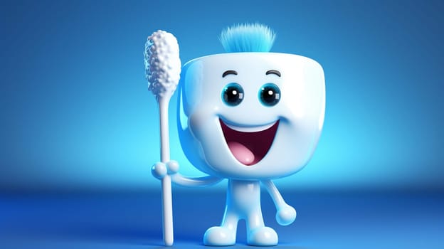 Cartoon character of blue tomato with toothbrush showing thumbs up gesture, Generate AI