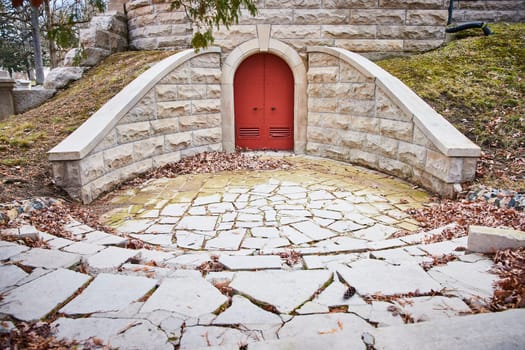 Enchanting red door in stone structure at Lindenwood Cemetery, Indiana, exuding a sense of mystery and tranquility amidst autumnal setting.