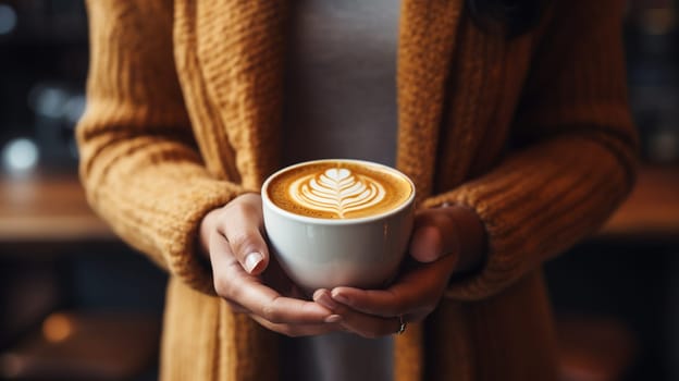 Close up of a female hands holding a cup of latte art coffee , generate AI