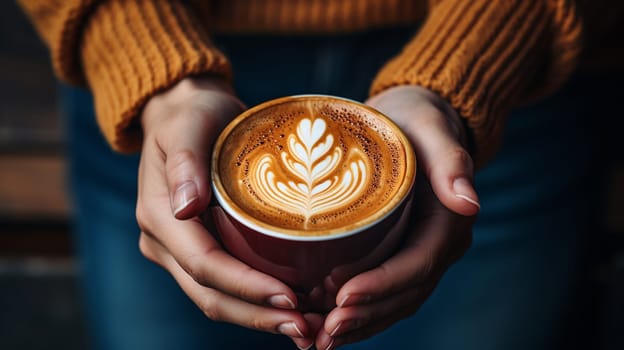 Close up of a female hands holding a cup of latte art coffee , generate AI