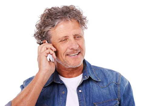 Phone call, old man and communication with contact, speaking and guy isolated on white studio background. Mature person, mockup space and model with smartphone and connection with digital app ot talk.