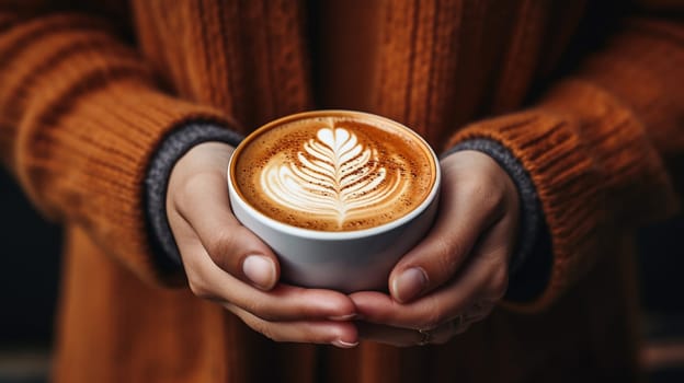 Close up of a female hands holding a cup of latte art coffee , generate AI