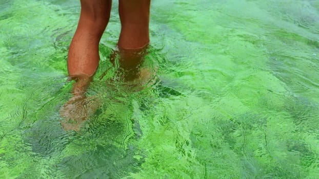Close-up of man walking in clear sea water. Clip. Beautiful clear water with green color of stones under water. Man walks in clear turquoise water.