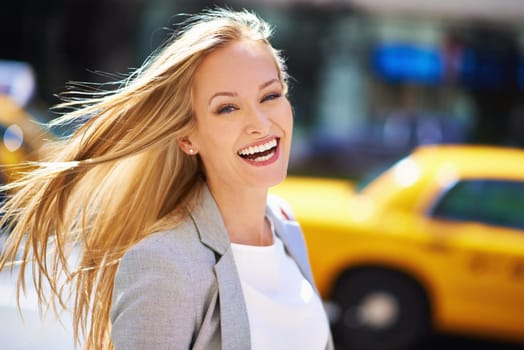 Businesswoman, portrait and city travel on road as corporate professional, office building or transportation. Female person, face and urban morning for street commute in New York, downtown or traffic.