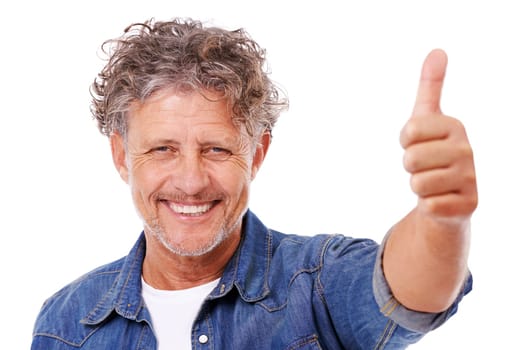 Senior man, portrait and thumbs up, feedback or opinion with hand gesture for agreement on white background. Yes, success and vote with smile, motivation and thank you for positive review in studio.