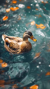 A waterfowl with feathers known as a duck is peacefully floating on liquid surrounded by leaves, a common sight among ducks, geese, and swans