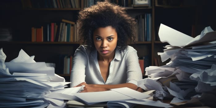 Stressed and exhausted office worker with pile of document on desk without comeliness