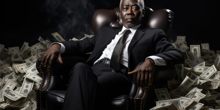 Billionaire on Huge Pile of Banknotes Rich and Prosperity Comeliness