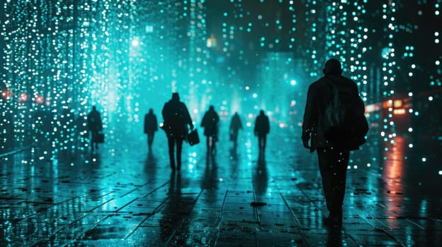 The picture of the group people that has been walking into the endless walkway that has been raining with the digital matrix green binary rain of code that seem like people search something. AIGX01.