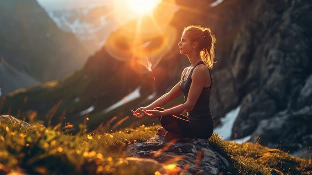 The picture of the young or adult female human doing the yoga pose for relaxation or meditating the mind in the middle of the nature under the bright sun in the daytime of a dawn or dusk day. AIGX03.