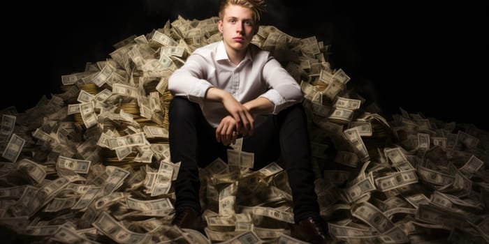 Billionaire on Huge Pile of Banknotes Rich and Prosperity Comeliness