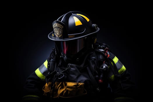 Fireman or rescuer protective helmet and gas mask on a black background.