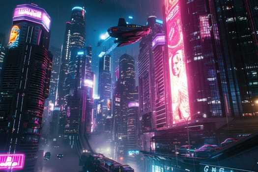 Futuristic city glows with soft hues, complemented by the sleek design of hovering vehicles above the vibrant skyline. Resplendent.