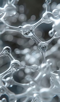 A macro shot of a liquid molecule with a blurred background, featuring a monochrome pattern. The transparent material resembles a fashion accessory, while the metal twig adds a freezing glass touch
