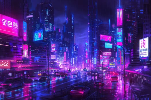 Futuristic city glows with soft hues, complemented by the sleek design of hovering vehicles above the vibrant skyline. Resplendent.