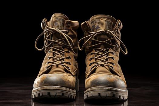 Old worn military boots on a white background.