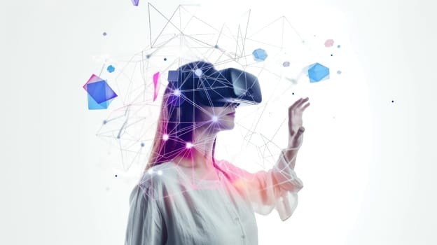 A woman interacts with a virtual reality interface, manipulating geometric shapes in a simulated environment for an advanced digital experience. AIG41