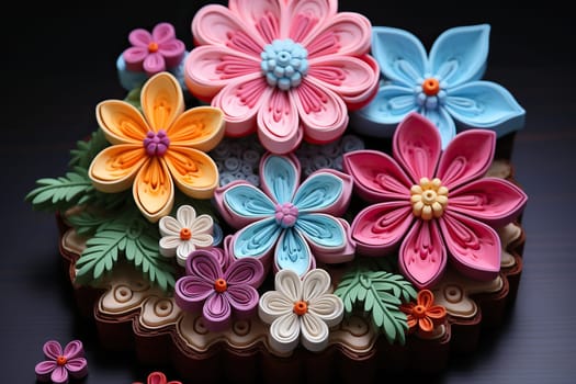 Flowers made of colored plasticine. Floral plasticine composition on a dark background.