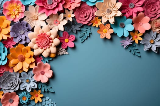 Spring, summer blue background with cut paper style flowers and place for text.