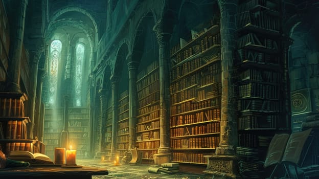 An ancient library with towering bookshelves, hidden alcoves, and magical glowing manuscripts. Resplendent.