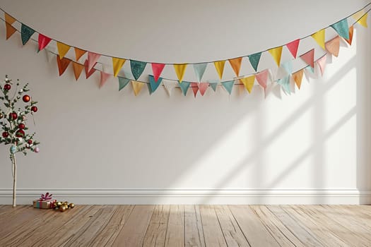 Colorful holiday flags in the form of a garland on the wall. The garland hangs in two rows. Congratulatory background with place for text. Holiday concept